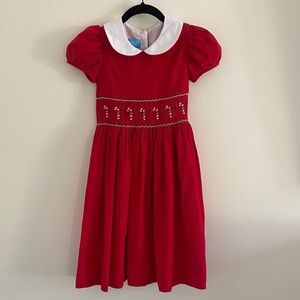Anavini Handsmocked Girls Corduroy Christmas Candy Cane Dress with Tie Red 8